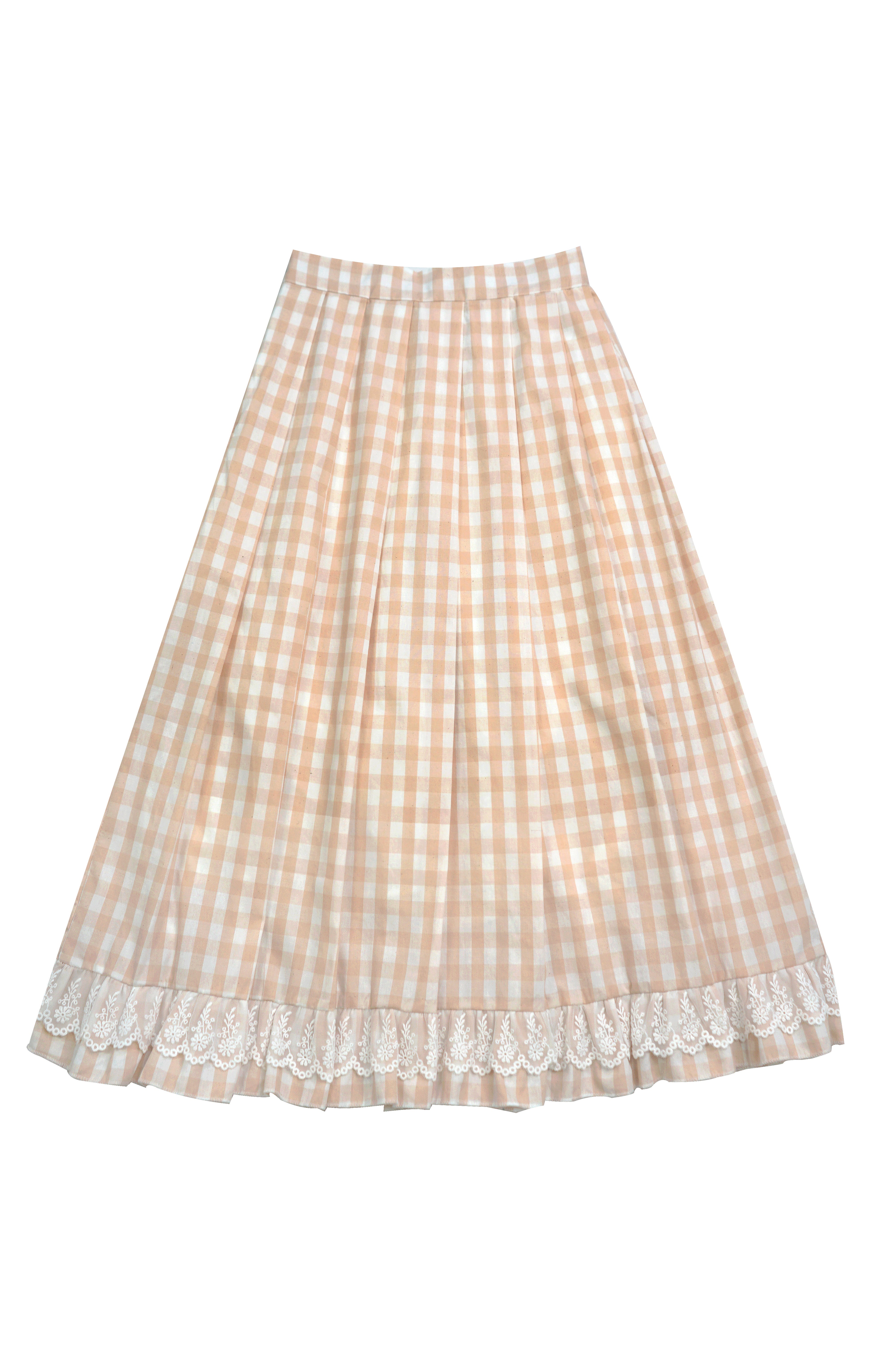 Long Elastic Waist Calf Length Ruffled Hem Pleated All-match Skirt Blue Plaid with Lace Edge